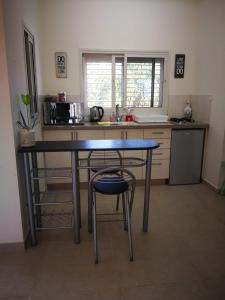 a kitchen with a table and a chair in it at Rivkas zimmer in Ein Gedi