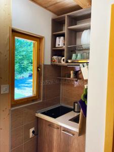 a small kitchen with a window in a tiny house at Dren Chalet Lux - Banjska stena in Perućac