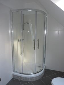 y baño con ducha y puerta de cristal. en Pension Ziemann, en Nartum