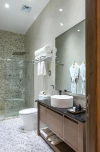 y baño con lavabo, aseo y espejo. en Casa Prim Hotel Boutique, en Ciudad de México