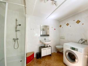 a bathroom with a shower sink and a washing machine at Fewo im Herzen von Wernigerode in Wernigerode