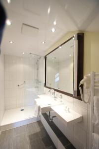 a bathroom with a sink and a shower and a mirror at Wald-Café Hotel-Restaurant in Bonn