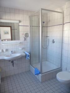 a bathroom with a shower and a sink and a toilet at Hotel Gasthof Krapp in Scheßlitz