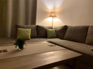 ein Wohnzimmer mit einem Sofa und einem Couchtisch in der Unterkunft Tomasza 5 in Jelenia Góra