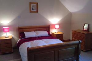 1 dormitorio con 1 cama y 2 mesitas de noche con lámparas en Loughview House, en Donegal