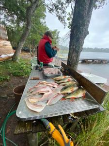 a man sitting at a table with fish on a grill at Rörvik Stugor in Geta