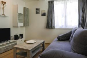 salon z niebieską kanapą i stołem w obiekcie Apartment Habicht w mieście Mühlbachl