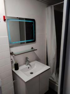 a bathroom with a sink and a mirror and a shower at Agréable appartement in Morbier