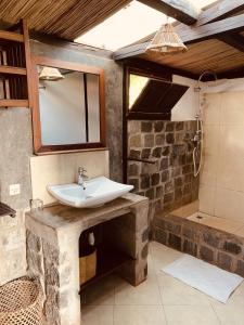La salle de bains est pourvue d'un lavabo et d'une douche. dans l'établissement Libertalia Hotel, sur l'île Sainte-Marie
