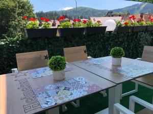 a table with two chairs and flowers on a balcony at Park Luxury Rooms in Predeal