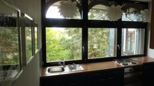 eine Küche mit drei Fenstern, einem Waschbecken und einer Theke in der Unterkunft Ferienhaus Villa Bourguet in Bad Liebenstein