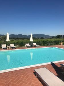 a large swimming pool with chairs and umbrellas at Agriturismo San Jacopo in Reggello
