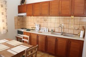 kuchnia z drewnianymi szafkami, zlewem i stołem w obiekcie Meteoron Guesthouse w Kalambace