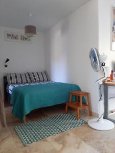 Schlafzimmer mit einem Bett, einem Ventilator und einem Tisch in der Unterkunft Studio Indépendant Millénaire in Montpellier