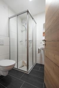 a bathroom with a glass shower with a toilet at Haus Elisabeth in Sankt Leonhard im Pitztal