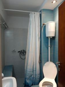 a bathroom with a shower and a toilet and a sink at Violetta Studios & Apartments in Mil&iacute;na