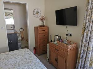 um quarto com uma televisão e uma cómoda com uma cama em The Garden Room em Leiston