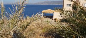 einen Blick auf ein Haus mit dem Meer im Hintergrund in der Unterkunft Le Grand Bleu in Sitia