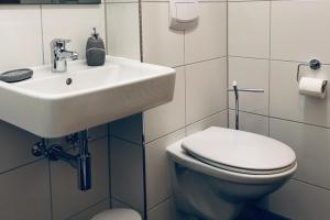 a bathroom with a white sink and a toilet at Große Wohnung - Kamin - Balkon - Boxspringbett - Skiwiese in Braunlage +19 photos