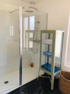a bathroom with a shower with a glass door at Maison BB Burgonce Bohème centre avec extérieur WIFI gratuit et NETFLIX in Niort +10 photos