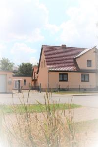 a house with a brown roof on a street at Landhaus "Zum Frosch" in Kalbsrieth