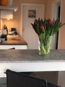 a vase of red tulips sitting on a table at Guetsel-Lodge - Δ in Gütersloh