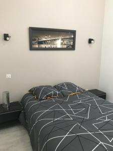 1 dormitorio con 1 cama con una foto en la pared en LE CHAI DE LA CHARENTAISE, en Saint-Palais-sur-Mer