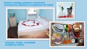 a room with a bed with a heart made out of food at Skrawek Nieba Pokoje Gościnne in Łeba