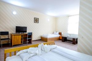 a hotel room with a bed and a television at Pensiune Roata Cu Noroc in Sighetu Marmaţiei