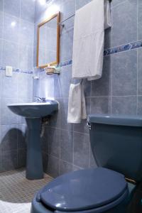 Un baño con un inodoro azul y un lavabo. en Hotel Careyes Puerto Escondido, en Puerto Escondido
