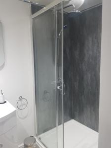 y baño con ducha y puerta de cristal. en Bowness Guest House en Bowness-on-Windermere