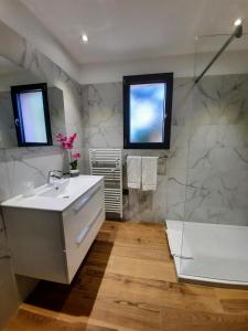 a bathroom with a white sink and a shower at Hôtel Casa Mea in Bastia