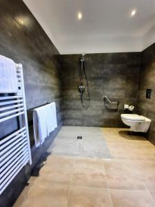 a bathroom with a shower and a sink and a toilet at Hôtel Casa Mea in Bastia