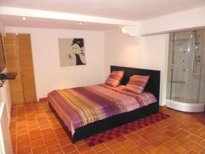 een slaapkamer met een bed met een kleurrijke deken bij baraveou home in nature in Le Plan