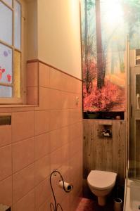 a bathroom with a toilet and a picture on the wall at Dom otwarty in Jelenia Góra