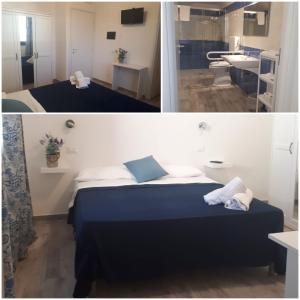 two pictures of a bedroom with a bed and a bathroom at Cuor di leone guest house in Favignana