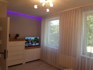 a living room with a tv and a window at Apartament Polonia in Kołobrzeg