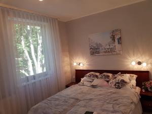 a bedroom with a large bed with a window at Apartament Polonia in Kołobrzeg