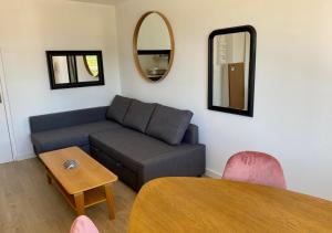 ein Wohnzimmer mit einem Sofa, einem Tisch und einem Spiegel in der Unterkunft Bons Baisers du Touquet - Le Parc in Cucq