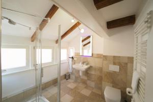 a bathroom with a shower and a toilet and a sink at Soleiado Hotel in Bietigheim-Bissingen