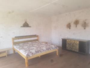 Ce lit se trouve dans un dortoir doté d'une cheminée et d'une télévision. dans l'établissement Apartments Stefanov in Byala, à Byala