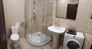 a bathroom with a shower and a toilet and a sink at Apartment new 95 Kvartal in Kryvyi Rih