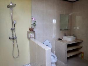 a bathroom with a shower and a toilet and a sink at Wonder Dive Bali Tulamben Villa's in Tulamben