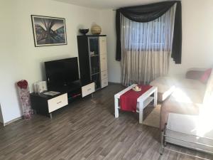 a living room with a couch and a television at Schöne & ruhige Ferienwohnung in Pfullingen