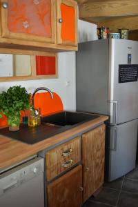eine Küche mit einer Spüle und einem Kühlschrank in der Unterkunft l'heureux bazar in Saint-Nectaire