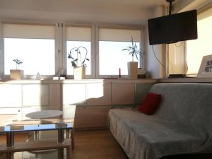 a living room with a couch and a table and windows at Alma Apartments in Warsaw