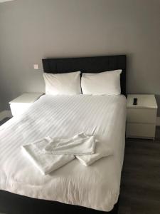 een wit bed met twee handdoeken erop bij Lake View Galway City in Galway