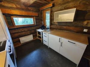 a kitchen in a log cabin with a counter at Riihitulkku Lodge in Muurame