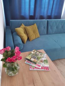 a blue couch with a table with flowers and a magazine at Metalowiec in Stalowa Wola