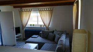 ein Wohnzimmer mit einem Sofa und einem Fenster in der Unterkunft Landhaus Gonnsen in Emmelsbüll-Horsbüll